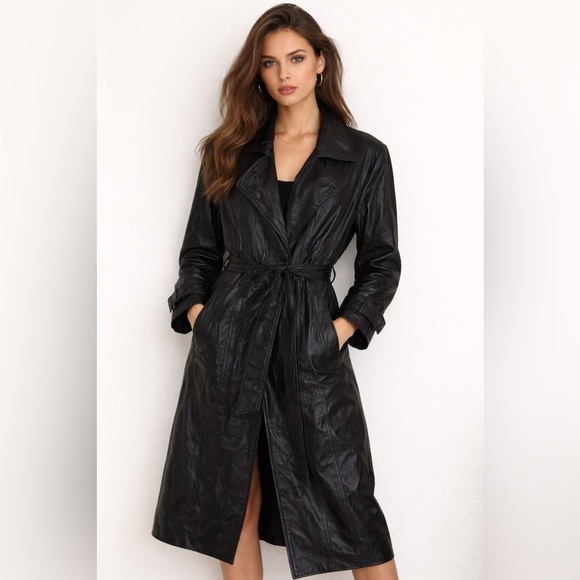Pelle Studio Wilsons Leather Sm Double Breasted Black Leather Trench Coat Belted